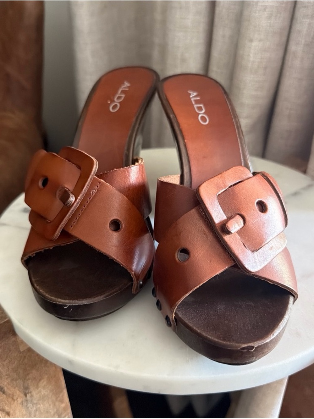 Aldo Tan Leather Buckle Cross-Band Slide Mules